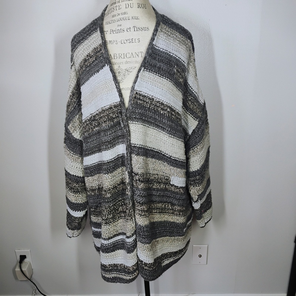 J.Jill Chunky Knit Cardigan Sweater Womens 4X Gray Striped Capsule Staple Casual